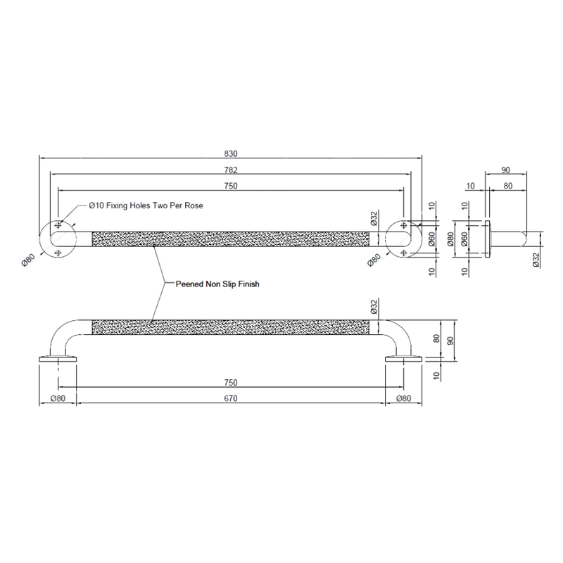 750mm Straight Grab Rail - Peened - MLR332_PEEN