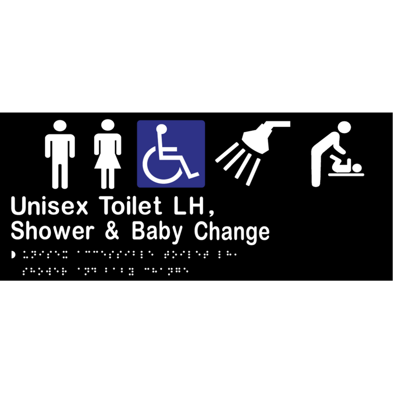 Unisex Accessible Toilet LH, Shower & Baby Change Braille Sign in Designer Black Vinyl - MLS16287_BLK