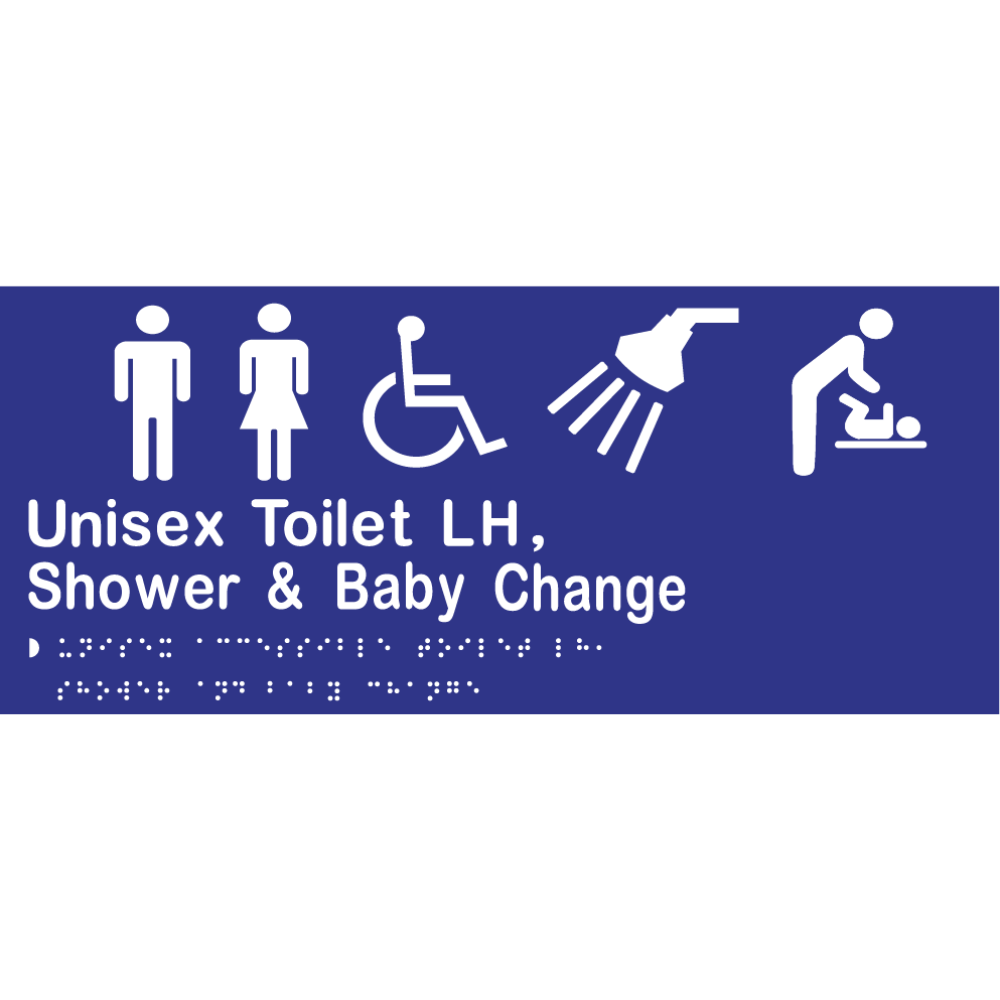 Unisex Accessible Toilet LH, Shower & Baby Change Braille Sign in Blue Vinyl - MLS16287_BLU