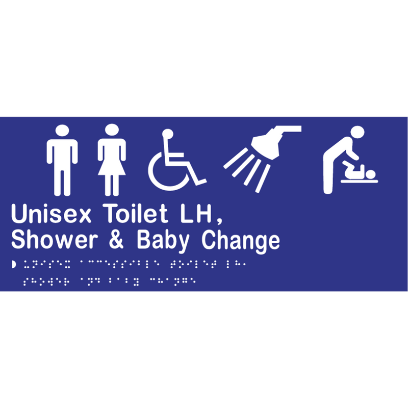 Unisex Accessible Toilet LH, Shower & Baby Change Braille Sign in Blue Vinyl - MLS16287_BLU
