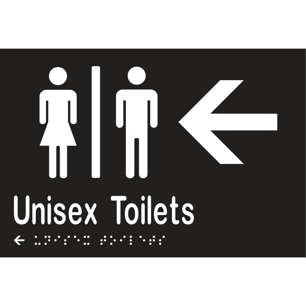 Unisex Toilets Divided & Left Arrow Braille Sign in Designer Black Vinyl - MLS16216L_BLK