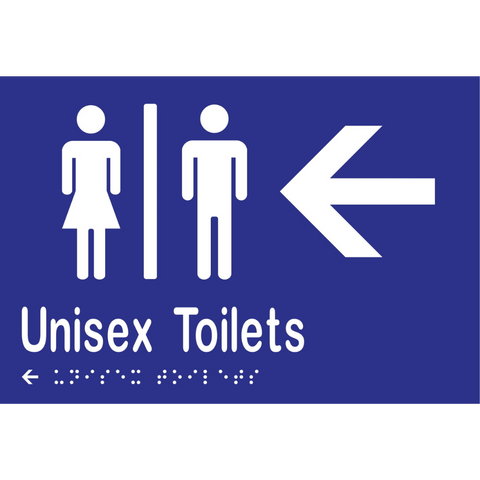 Unisex Toilets Divided & Left Arrow Braille Sign in Blue Vinyl - MLS16216L_BLU