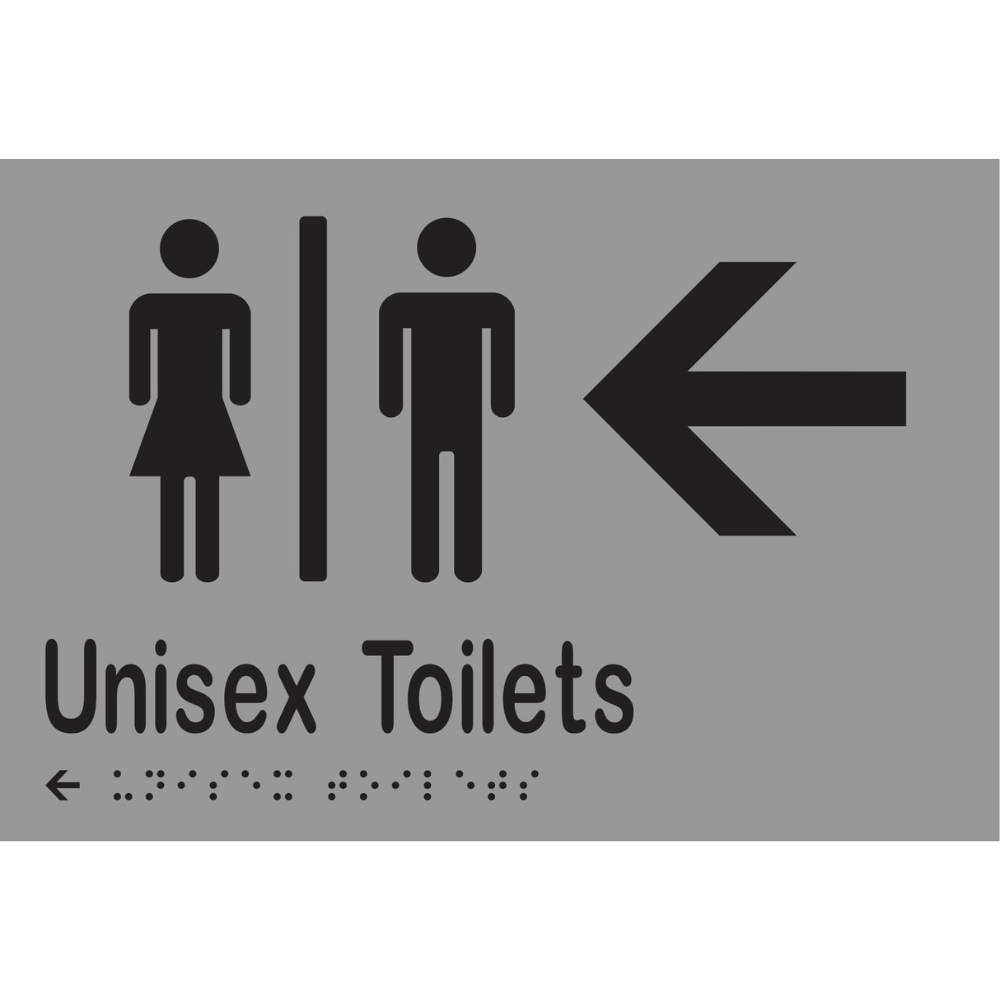 Unisex Toilets Divided & Left Arrow Braille Sign in Stainless Steel - MLS16216L_SS