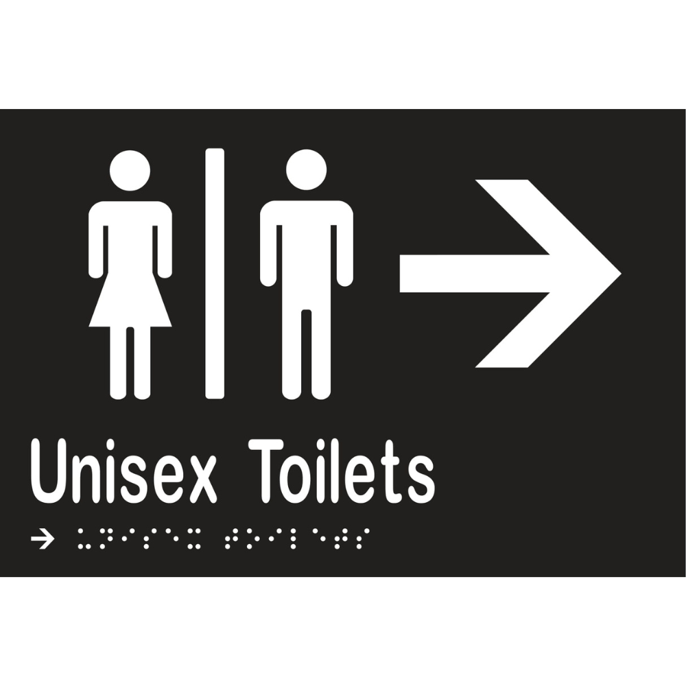 Unisex Toilets Divided & Right Arrow Braille Sign in Designer Black Vinyl - MLS16216R_BLK