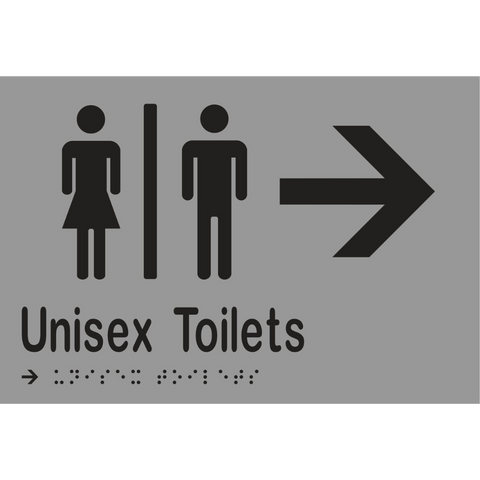 Unisex Toilets Divided & Right Arrow Braille Sign in Silver Vinyl - MLS16216R_SIL