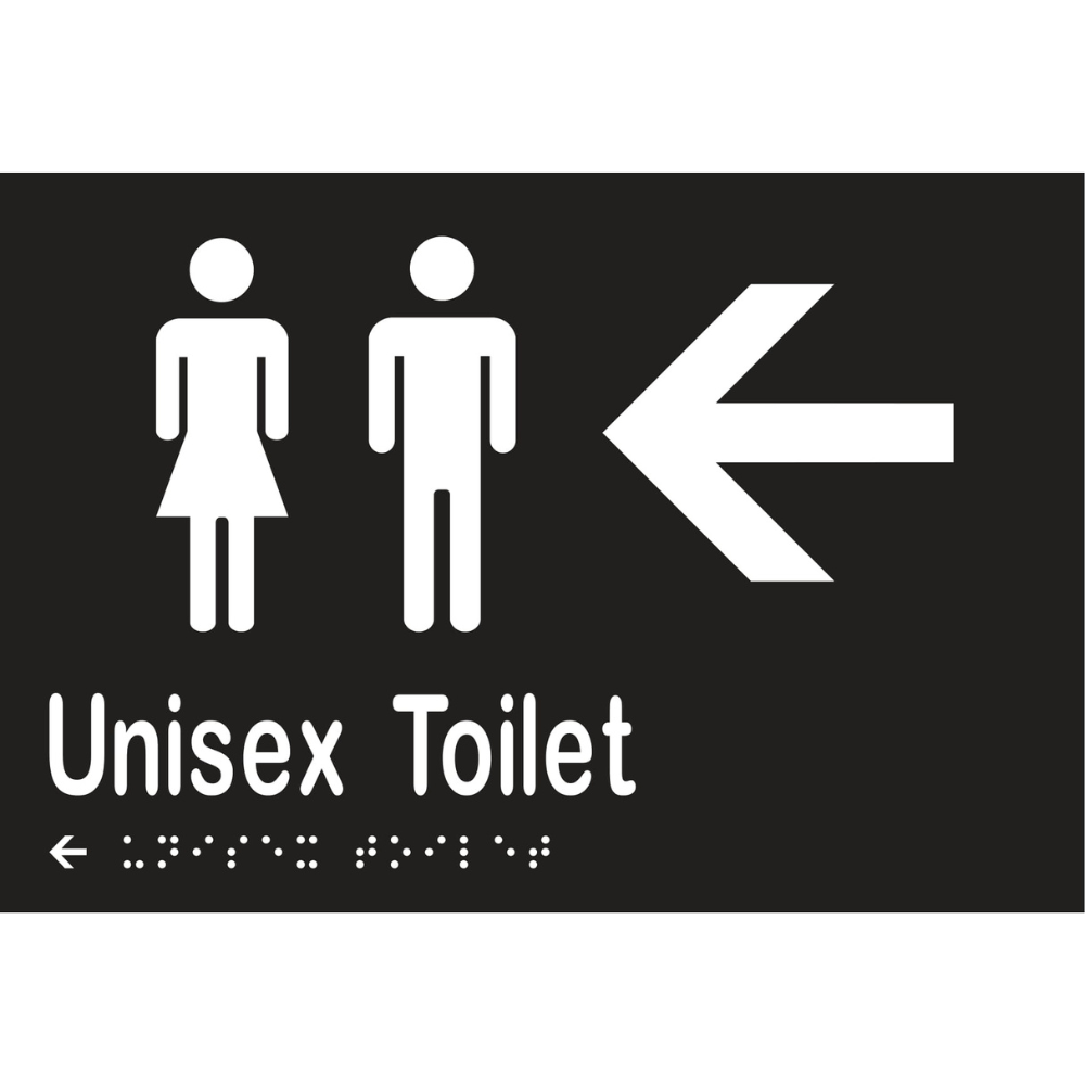 Unisex Toilet & Left Arrow Braille Sign in Designer Black Vinyl - MLS16217L_BLK