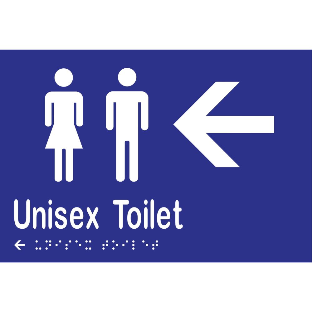 Unisex Toilet & Left Arrow Braille Sign in Blue Vinyl - MLS16217L_BLU
