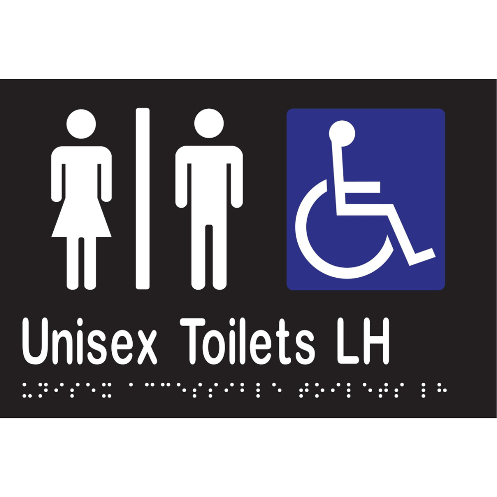 Unisex Accessible Toilets Divided LH Braille Sign in Designer Black Vinyl - MLS16220_BLK
