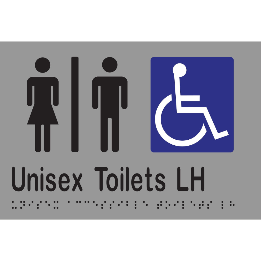 Unisex Accessible Toilets Divided LH Braille Sign in Silver Vinyl - MLS16220_SIL