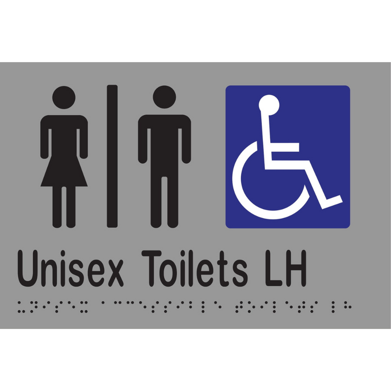Unisex Accessible Toilets Divided LH Braille Sign in Silver Vinyl - MLS16220_SIL