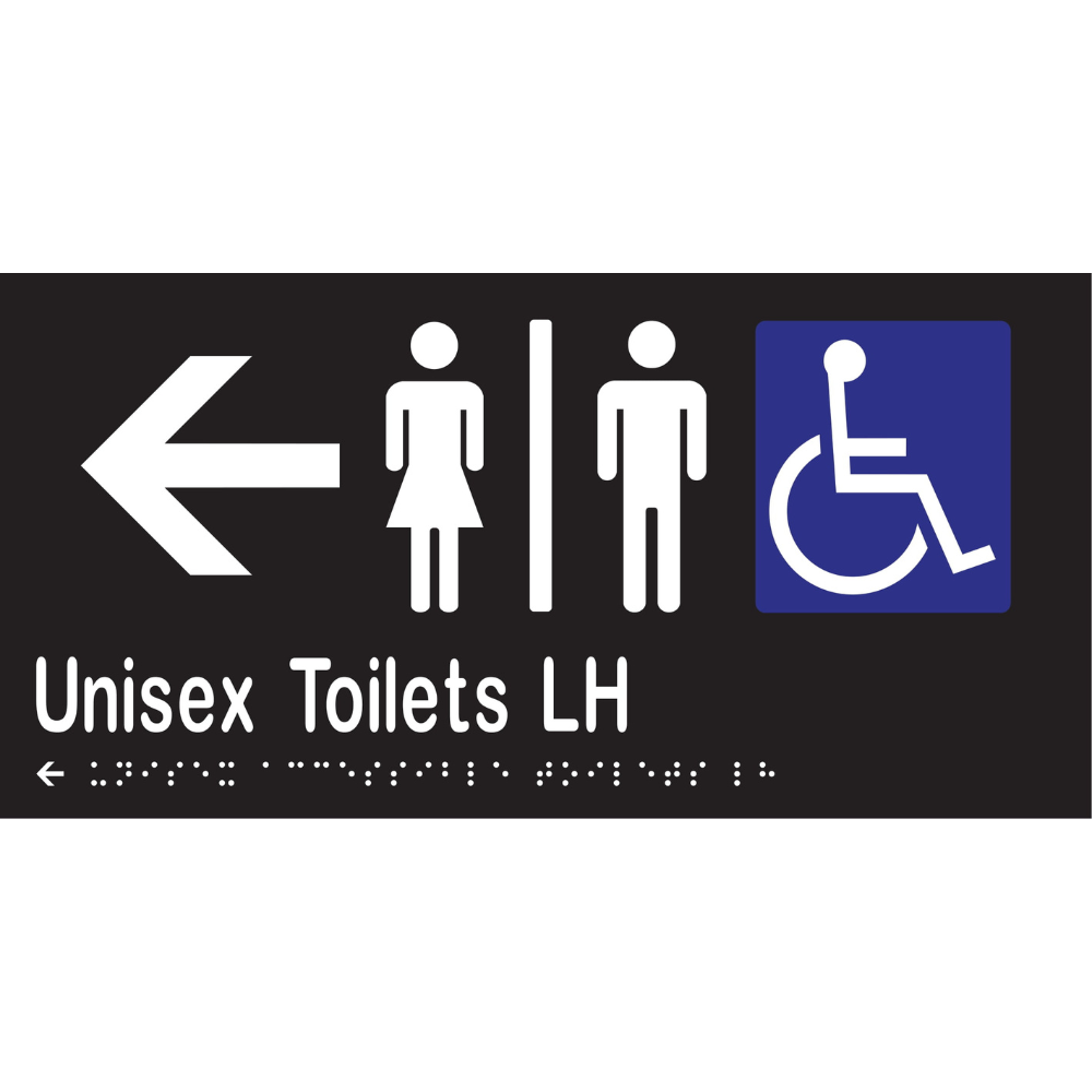 Unisex Accessible Toilets Divided LH & Left Arrow Braille Sign in Designer Black Vinyl - MLS16230L_BLK
