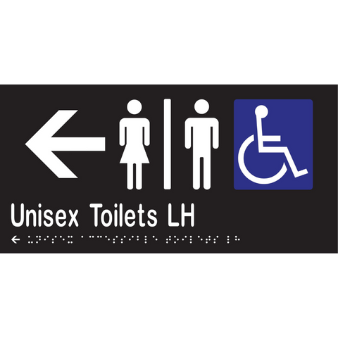 Unisex Accessible Toilets Divided LH & Left Arrow Braille Sign in Designer Black Vinyl - MLS16230L_BLK