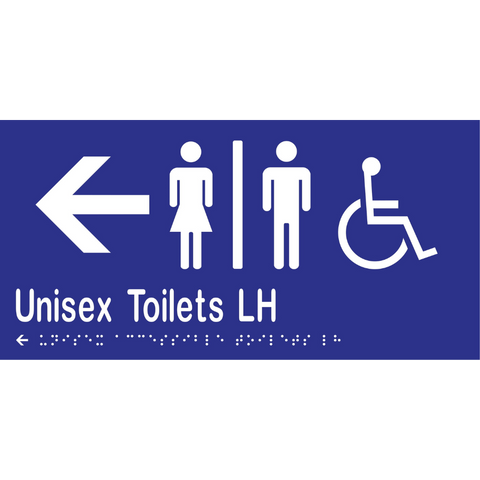 Unisex Accessible Toilets Divided LH & Left Arrow Braille Sign in Blue Vinyl - MLS16230L_BLU