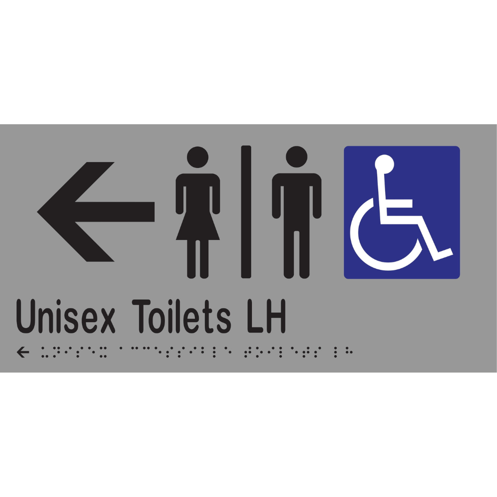 Unisex Accessible Toilets Divided LH & Left Arrow Braille Sign in Silver Vinyl - MLS16230L_SIL