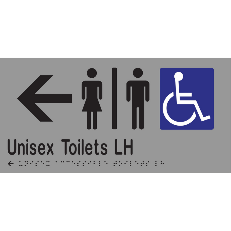 Unisex Accessible Toilets Divided LH & Left Arrow Braille Sign in Silver Vinyl - MLS16230L_SIL