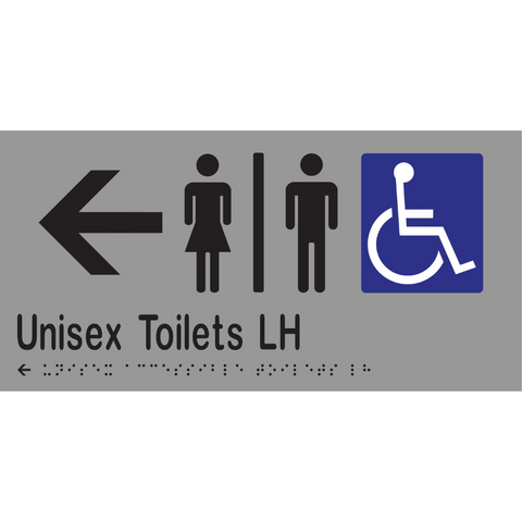 Unisex Accessible Toilets Divided LH & Left Arrow Braille Sign in Silver Vinyl - MLS16230L_SIL