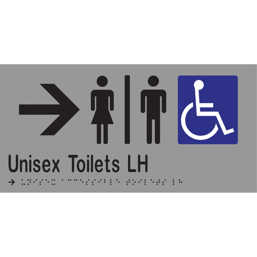 Unisex Accessible Toilets Divided LH & Right Arrow Braille Sign in Silver Vinyl - MLS16230R_SIL