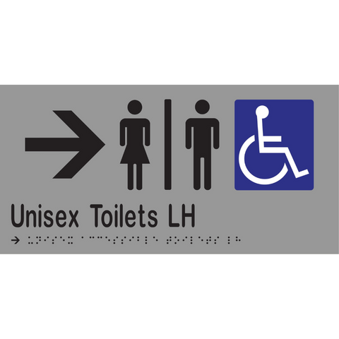 Unisex Accessible Toilets Divided LH & Right Arrow Braille Sign in Silver Vinyl - MLS16230R_SIL