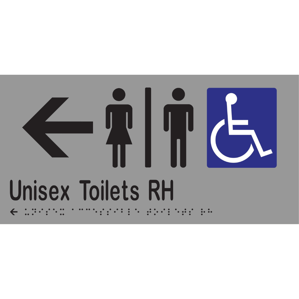 Unisex Accessible Toilets Divided RH & Left Arrow Braille Sign in Silver Vinyl - MLS16231L_SIL