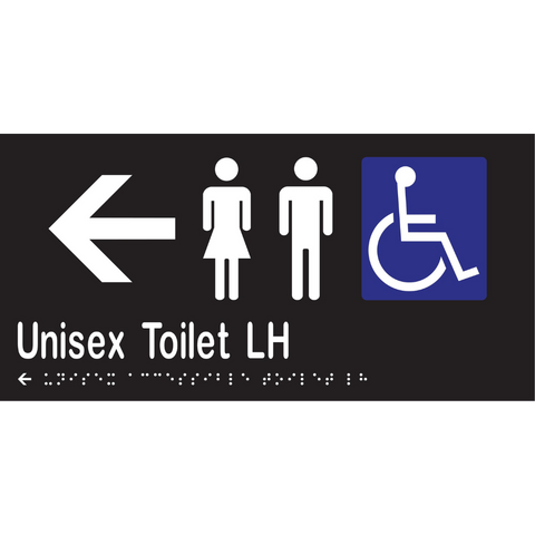 Unisex Accessible Toilet LH & Left Arrow Braille Sign in Designer Black Vinyl - MLS16232L_BLK