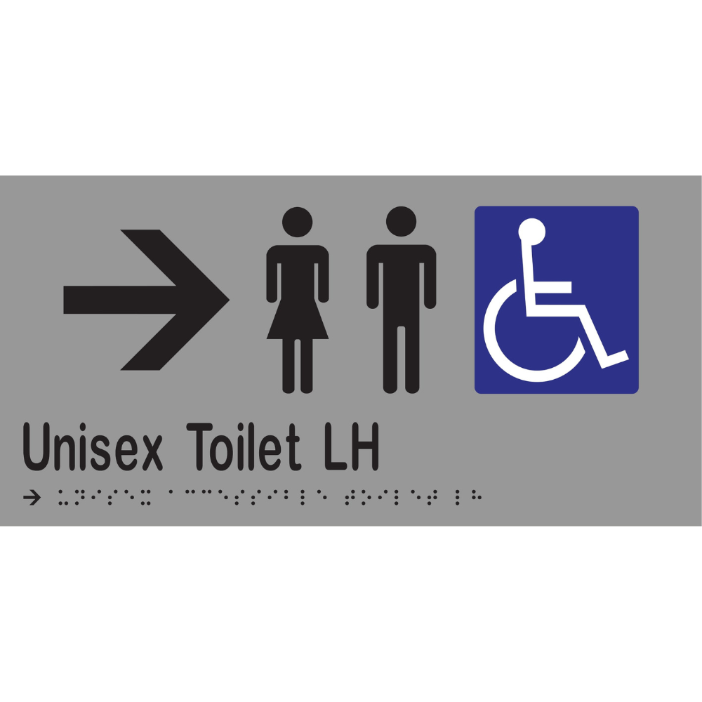 Unisex Accessible Toilet LH & Right Arrow Braille Sign in Silver Vinyl - MLS16232R_SIL