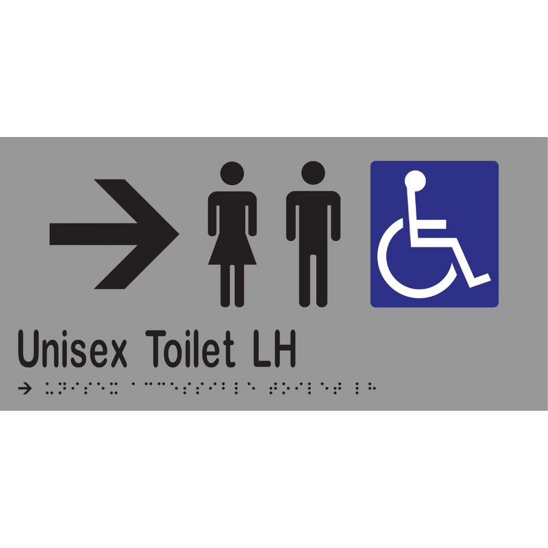 Unisex Accessible Toilet LH & Right Arrow Braille Sign in Silver Vinyl - MLS16232R_SIL