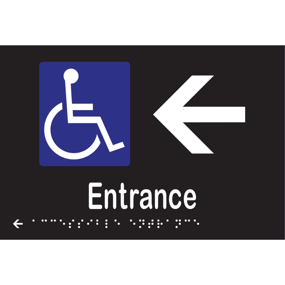 Accessible Entrance & Left Arrow Braille Sign in Designer Black Vinyl - MLS16235L_BLK