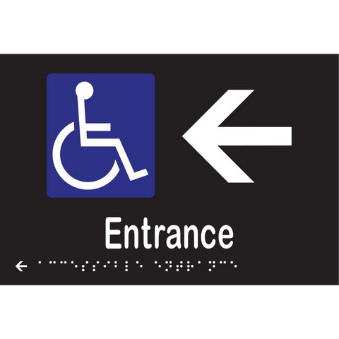 Accessible Entrance & Left Arrow Braille Sign in Designer Black Vinyl - MLS16235L_BLK