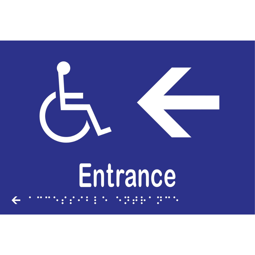 Accessible Entrance & Left Arrow Braille Sign in Blue Vinyl - MLS16235L_BLU