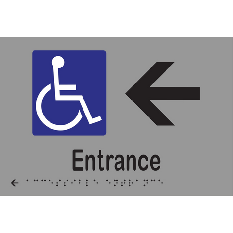 Accessible Entrance & Left Arrow Braille Sign in Silver Vinyl - MLS16235L_SIL