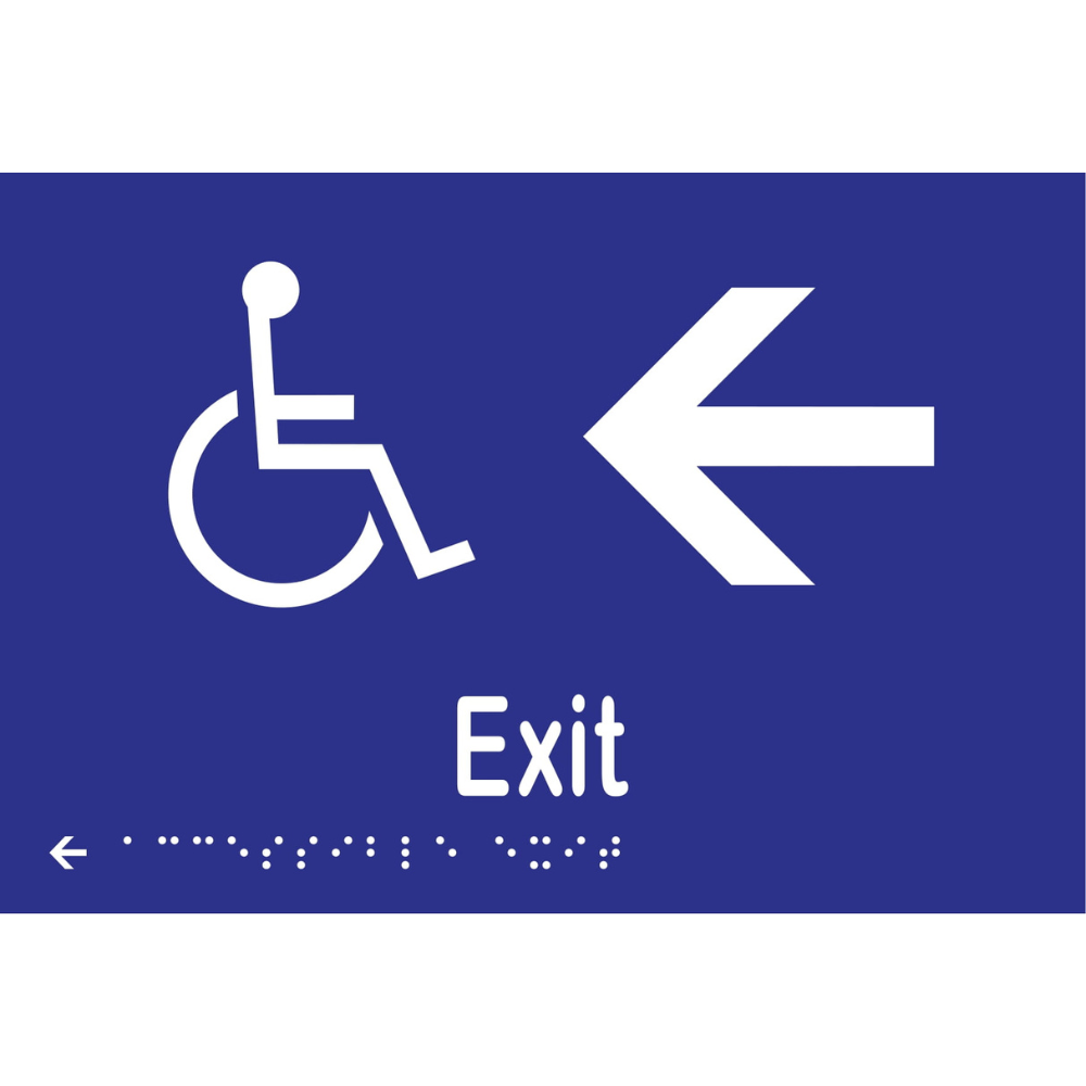 Accessible Exit & Left Arrow Braille Sign in Blue Vinyl - MLS16237L_BLU