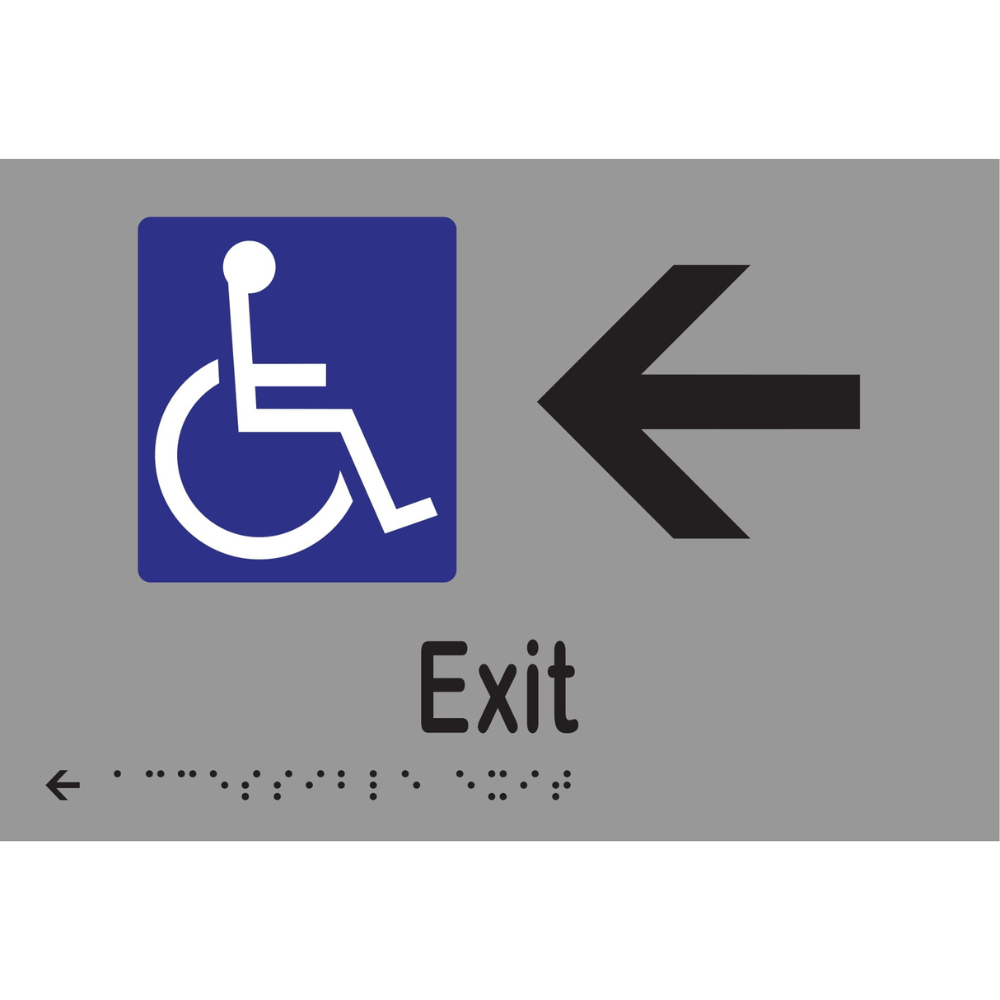 Accessible Exit & Left Arrow Braille Sign in Silver Vinyl - MLS16237L_SIL