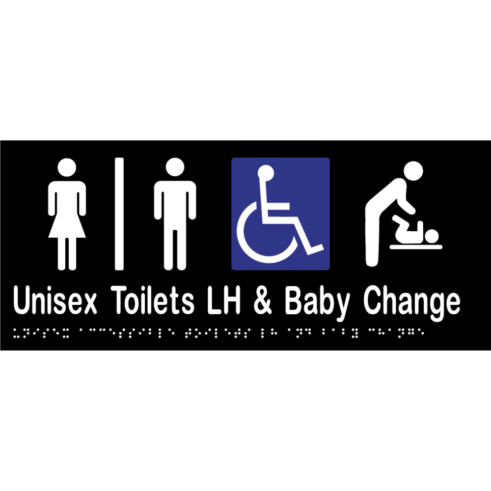 Unisex Accessible Toilets Divided LH & Baby Change Station Braille Sign in Designer Black Vinyl - MLS16283_BLK
