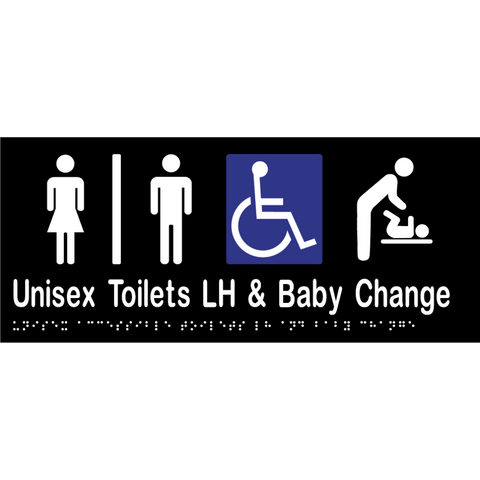 Unisex Accessible Toilets Divided LH & Baby Change Station Braille Sign in Designer Black Vinyl - MLS16283_BLK