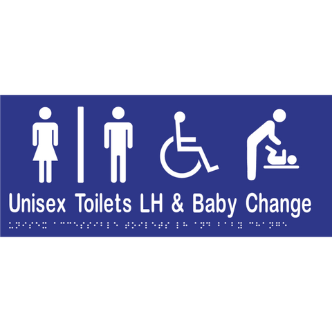 Unisex Accessible Toilets Divided LH & Baby Change Station Braille Sign in Blue Vinyl - MLS16283_BLU