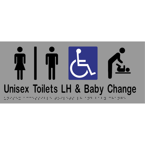 Unisex Accessible Toilets Divided LH & Baby Change Station Braille Sign in Silver Vinyl - MLS16283_SIL
