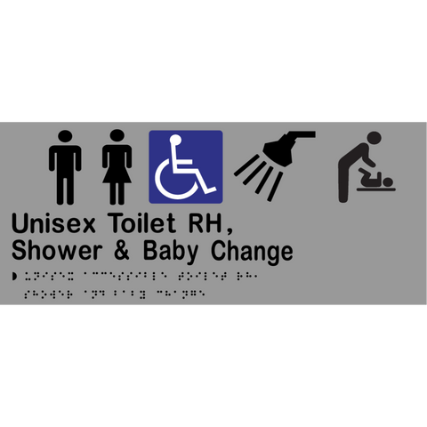 Unisex Accessible Toilet RH, Shower & Baby Change Braille Sign in Silver Vinyl - MLS16288_SIL