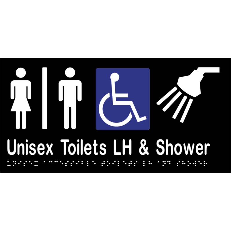 Unisex Accessible Toilet Divided LH & Shower Braille Sign in Designer Black Vinyl - MLS16295_BLK