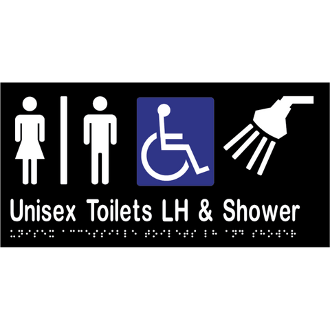 Unisex Accessible Toilet Divided LH & Shower Braille Sign in Designer Black Vinyl - MLS16295_BLK