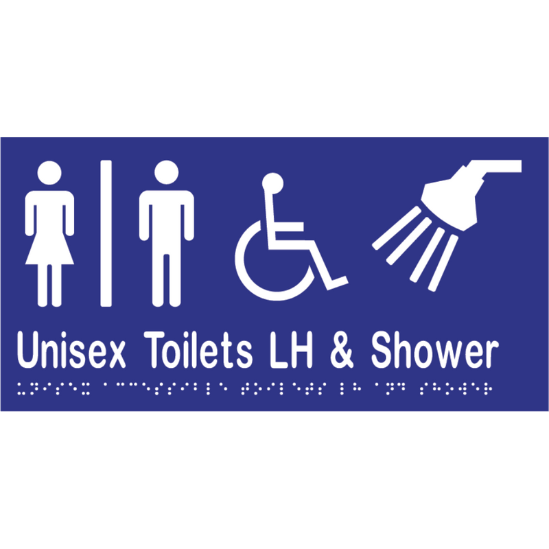 Unisex Accessible Toilet Divided LH & Shower Braille Sign in Blue Vinyl - MLS16295_BLU