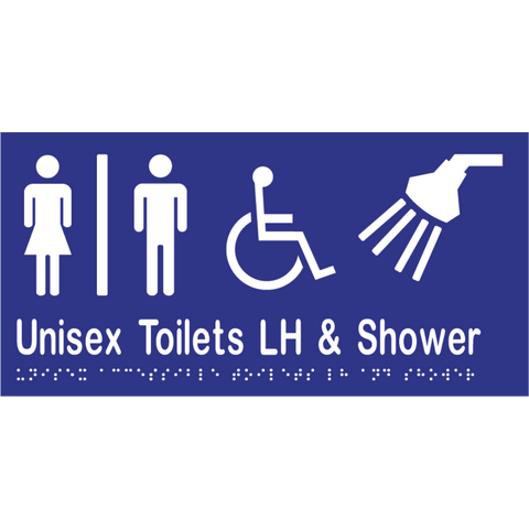 Unisex Accessible Toilet Divided LH & Shower Braille Sign in Blue Vinyl - MLS16295_BLU
