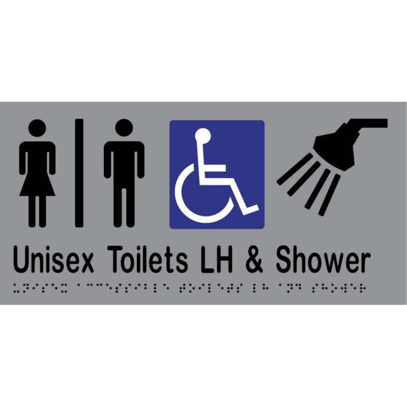 Unisex Accessible Toilet Divided LH & Shower Braille Sign in Silver Vinyl - MLS16295_SIL