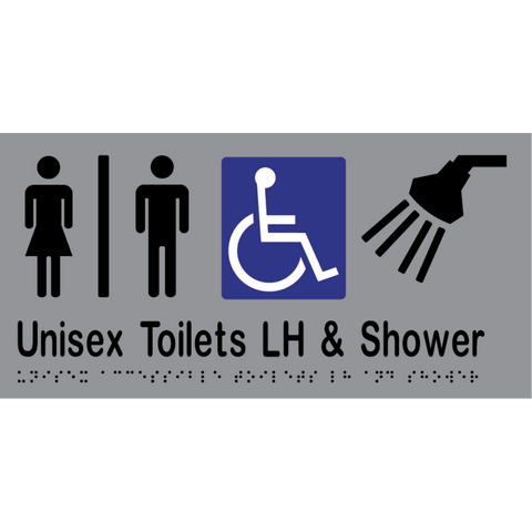 Unisex Accessible Toilet Divided LH & Shower Braille Sign in Stainless Steel - MLS16295_SS