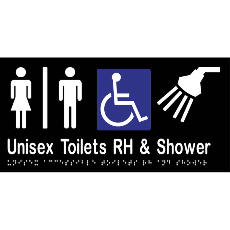 Unisex Accessible Toilet Divided RH & Shower Braille Sign in Designer Black Vinyl - MLS16296_BLK