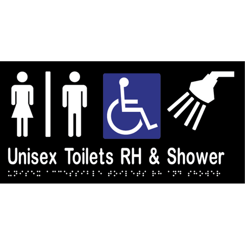 Unisex Accessible Toilet Divided RH & Shower Braille Sign in Designer Black Vinyl - MLS16296_BLK