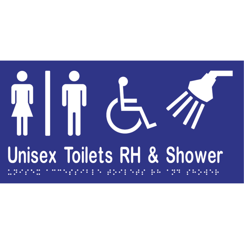 Unisex Accessible Toilet Divided RH & Shower Braille Sign in Blue Vinyl - MLS16296_BLU