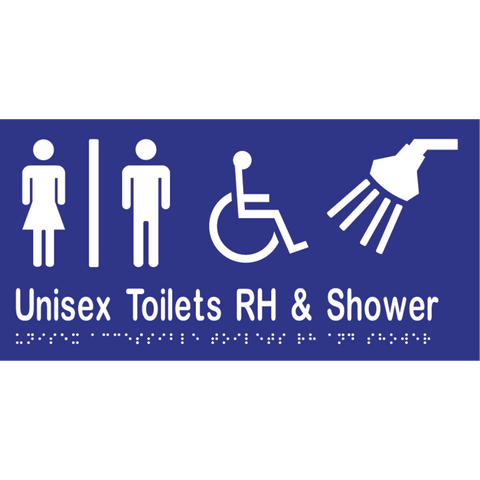Unisex Accessible Toilet Divided RH & Shower Braille Sign in Blue Vinyl - MLS16296_BLU