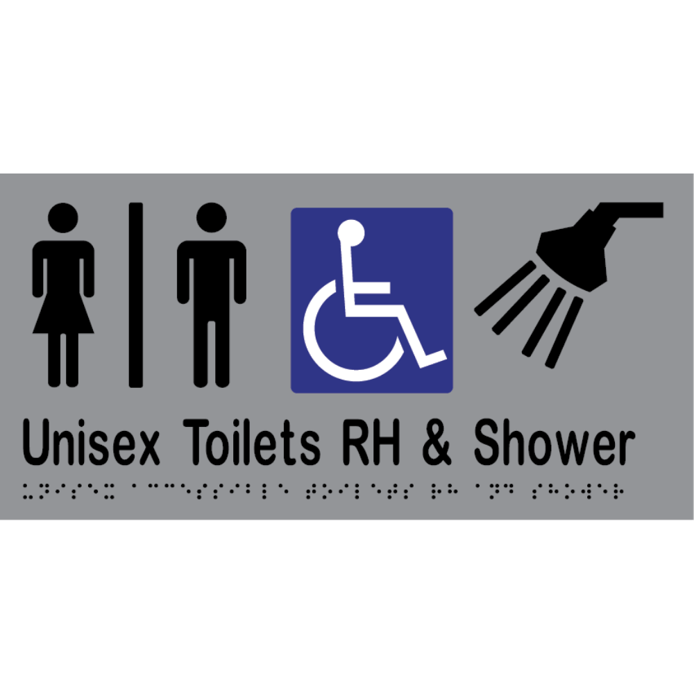 Unisex Accessible Toilet Divided RH & Shower Braille Sign in Silver Vinyl - MLS16296_SIL