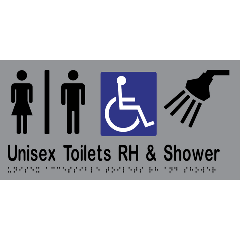 Unisex Accessible Toilet Divided RH & Shower Braille Sign in Silver Vinyl - MLS16296_SIL