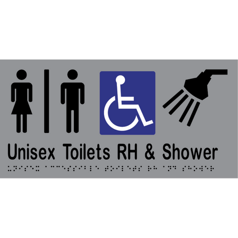 Unisex Accessible Toilet Divided RH & Shower Braille Sign in Stainless Steel - MLS16296_SS